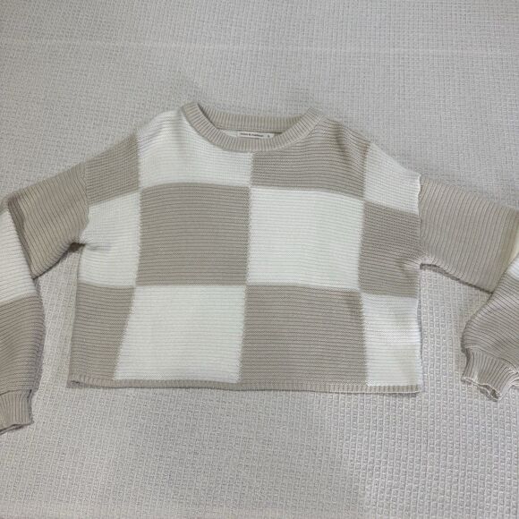 Moon & Madison Sweaters - Women’s Moon & Madison Crème & Brown Checkered Cropped Pullover Sweater Sz S
